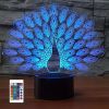 1pc Peacock 3D Illusion Lamps Nightlight With Remote Control, 16 Colors Touch Switch Table Desk Lamps Holiday Xmas Birthday Toys Gifts For Baby Nurser