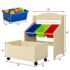 Kids Wooden Toy Storage Unit Organizer with Rolling Toy Box and Plastic Bins