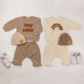 Baby Rainbow & Letter Graphic Hoodies And Pants Sets (Size/Age: 100 (2-3Y), Color: beige)