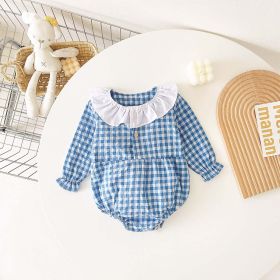 Baby Girl Plaid Pattern Ruffle Neck Design Triangle Sweet Onesies (Size/Age: 100 (2-3Y), Color: Blue)