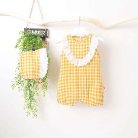 Baby Girl Grid Pattern Ruffles Collar Sleeveless Romper (Size/Age: 90 (12-24M), Color: Yellow)