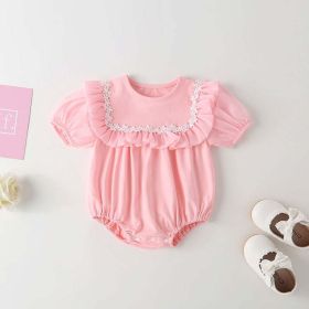 Baby Girl Round Collar Short-Sleeved Small Daisy Pattern Flounce Design Embroidered Onesies (Size/Age: 66 (3-6M), Color: pink)