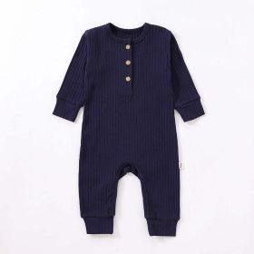 Baby Boy And Girl Solid Color Quarter Button Design Jumpsuit (Size/Age: 80 (9-12M), Color: Navy Blue)