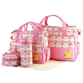 5PCS Baby Nappy Diaper Bags Set Mummy Diaper Shoulder Bags w/ Nappy Changing Pad Insulated Pockets Travel Tote Bags (Color: pink)